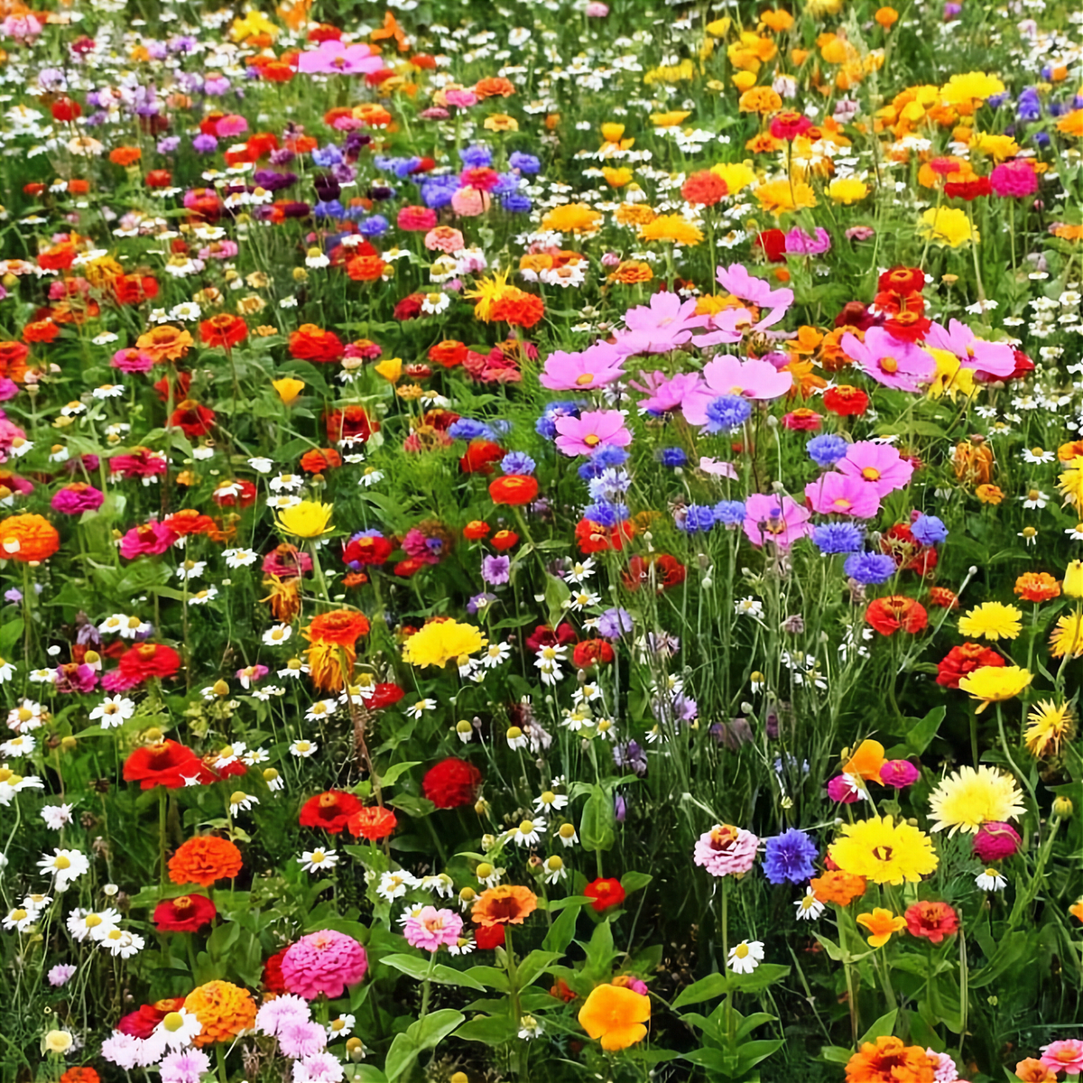 Colourful meadow with pink cosmos, red poppies, blue cornflowers, white daisies and orange calendula