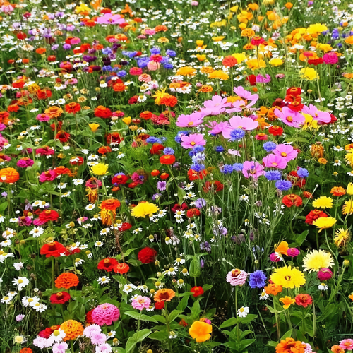 Colourful meadow with pink cosmos, red poppies, blue cornflowers, white daisies and orange calendula